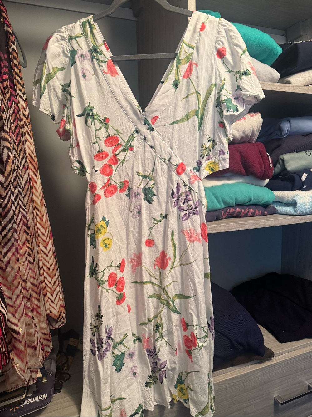 New York & Company White Floral Midi Wrap Dress with Pink, Green & Yellow